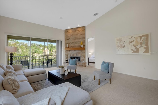 living room with light carpet, lofted ceiling, and a fireplace