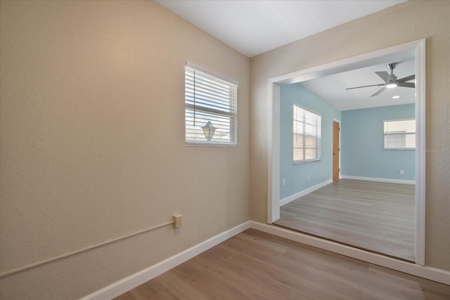 empty room featuring ceiling fan, light hardwood / wood-style flooring, and a wealth of natural light