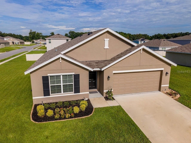 684 SE 65th Ter, Ocala, FL 34472 - traditional home with a front lawn, concrete driveway, stucco siding, a garage, and a shingled roof