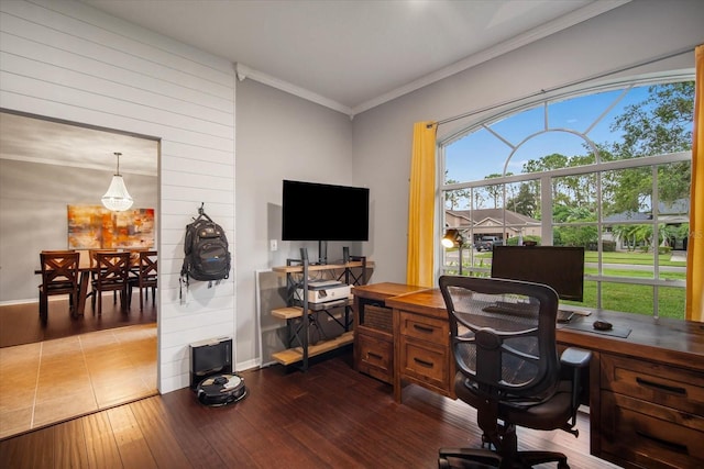 office featuring crown molding and hardwood / wood-style flooring