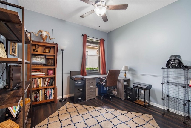 home office featuring ceiling fan and dark hardwood / wood-style flooring