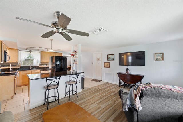 interior space with ceiling fan, a textured ceiling, light wood-type flooring, and sink