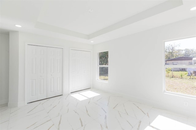 bedroom with multiple windows, a tray ceiling, and multiple closets