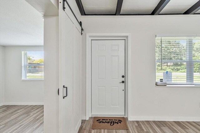 entryway with baseboards, wood finished floors, and a barn door