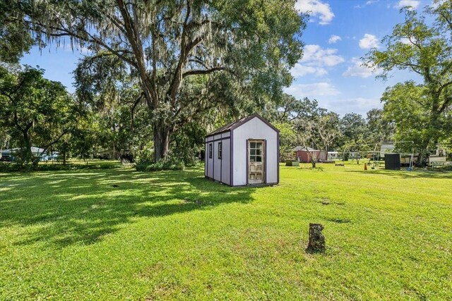 view of yard with an outdoor structure and a storage shed