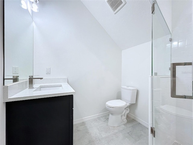 full bathroom featuring visible vents, toilet, lofted ceiling, vanity, and a shower stall