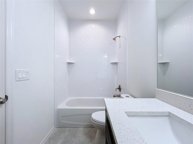 full bath featuring toilet, tile patterned floors, vanity, and shower / bathtub combination