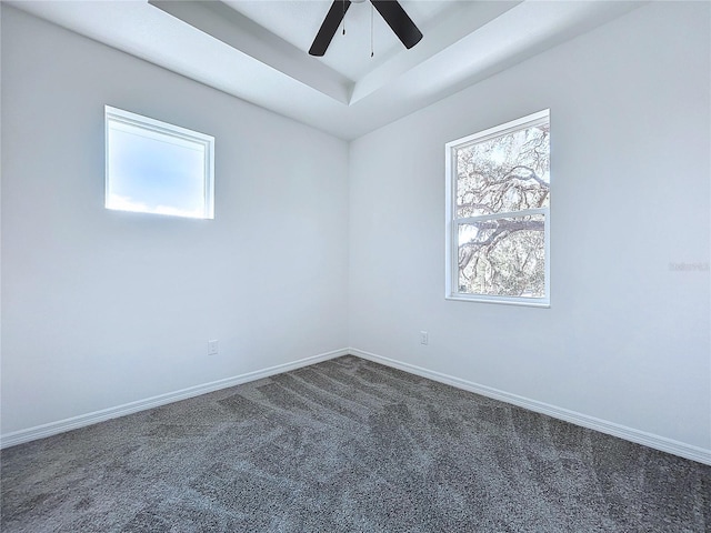 carpeted spare room with a raised ceiling, ceiling fan, and plenty of natural light