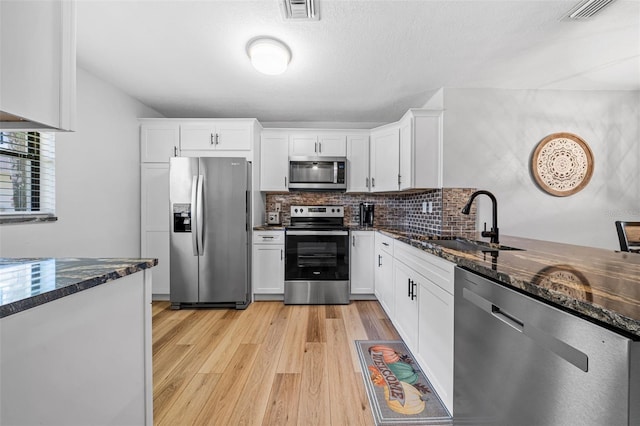 kitchen featuring white cabinets, backsplash, appliances with stainless steel finishes, and dark stone counters