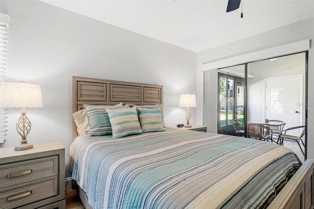 bedroom with access to exterior, ceiling fan, a closet, and dark hardwood / wood-style floors