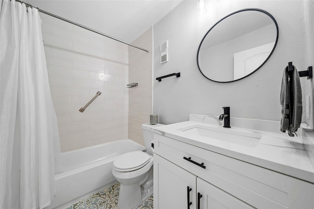 full bathroom with tile patterned flooring, vanity, toilet, and shower / bathtub combination with curtain