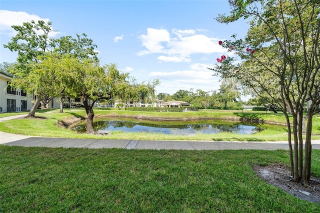 view of property's community with a yard and a water view