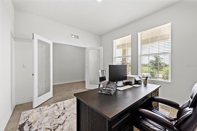 tiled office with french doors