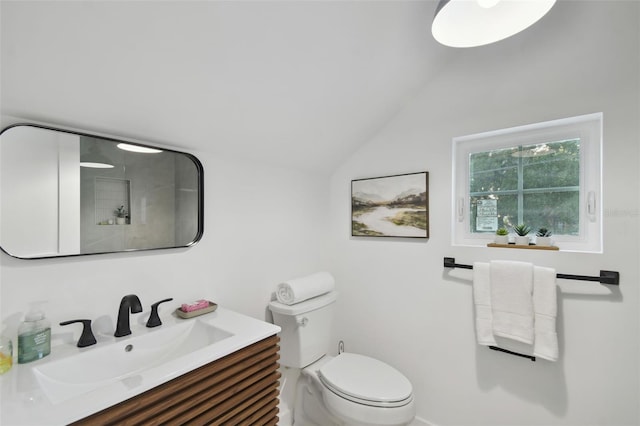 bathroom featuring vanity, toilet, and lofted ceiling