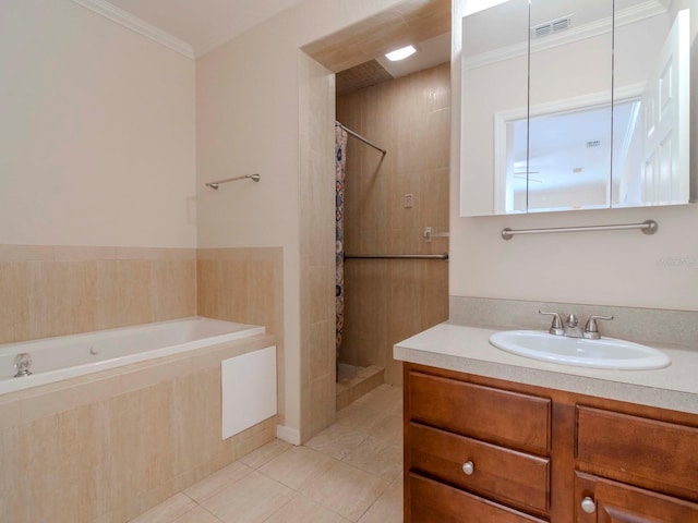 bathroom with tile patterned flooring, vanity, independent shower and bath, and ornamental molding