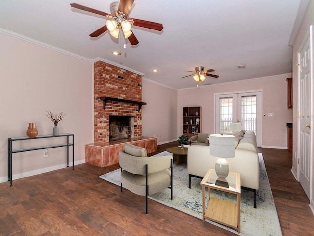 living room with french doors, dark hardwood / wood-style floors, ceiling fan, and ornamental molding