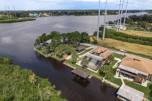 drone / aerial view featuring a water view