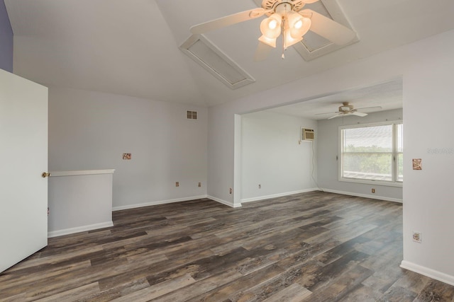 unfurnished room featuring dark hardwood / wood-style floors, ceiling fan, and a wall mounted air conditioner