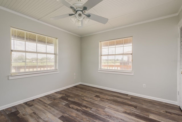 empty room with ceiling fan, crown molding, dark hardwood / wood-style flooring, and a wealth of natural light