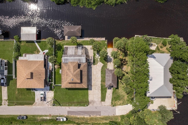 drone / aerial view featuring a water view