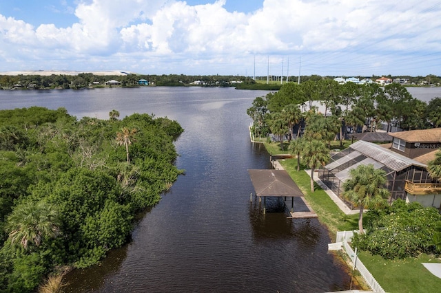 bird's eye view with a water view