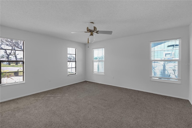 empty room featuring carpet floors, a textured ceiling, and ceiling fan