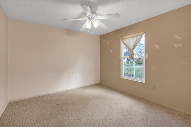 empty room featuring carpet, ceiling fan, and a textured ceiling