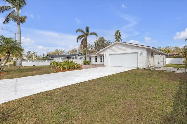 ranch-style home with a garage and a front lawn