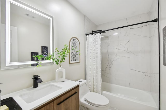 full bathroom with vanity, shower / bath combo with shower curtain, toilet, and visible vents