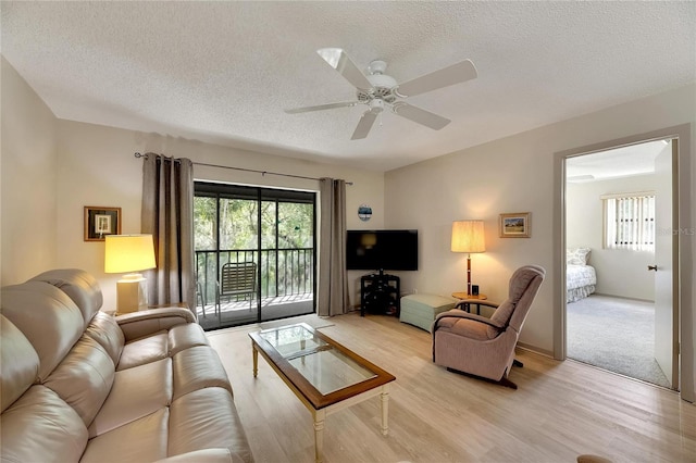 living room featuring ceiling fan, a textured ceiling, and light hardwood / wood-style floors