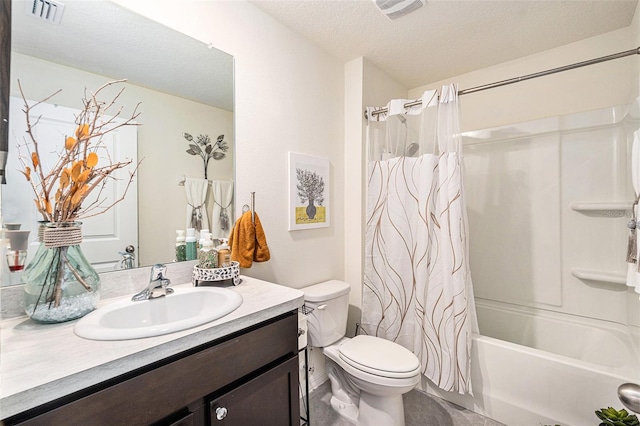 full bathroom featuring vanity, shower / tub combo, toilet, and a textured ceiling