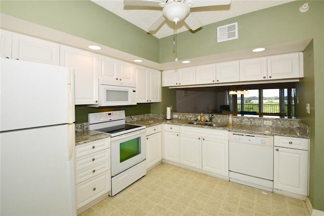 kitchen with white cabinets, white appliances, a textured ceiling, ceiling fan, and sink