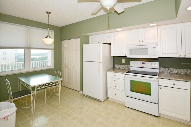 kitchen with white cabinetry, white appliances, a textured ceiling, ceiling fan, and decorative light fixtures