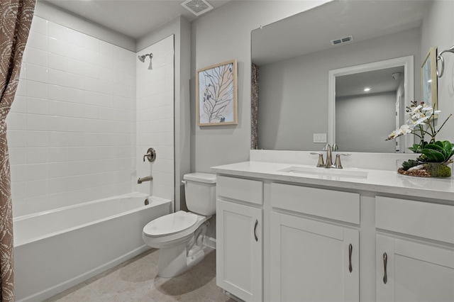 full bathroom with shower / bath combination with curtain, vanity, and toilet