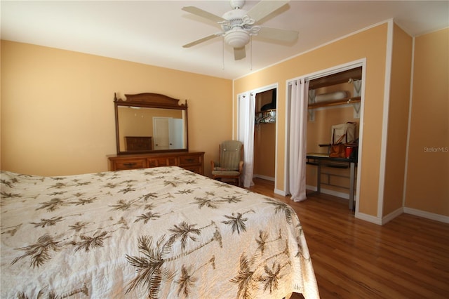 bedroom with ceiling fan and hardwood / wood-style flooring