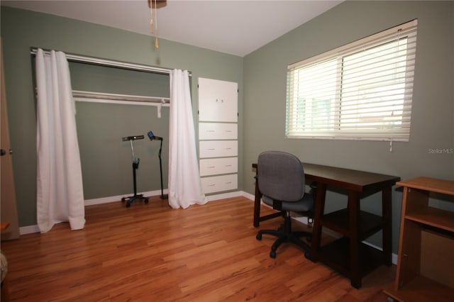 office space with light hardwood / wood-style flooring