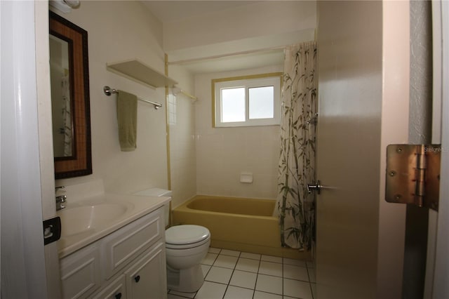 full bathroom with toilet, shower / tub combo, vanity, and tile patterned floors