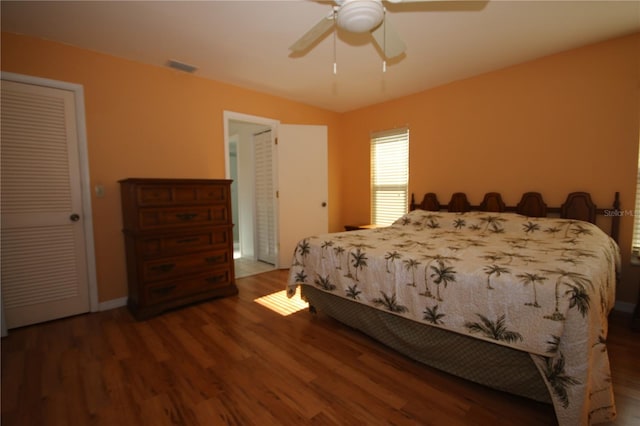 bedroom featuring ceiling fan and hardwood / wood-style flooring