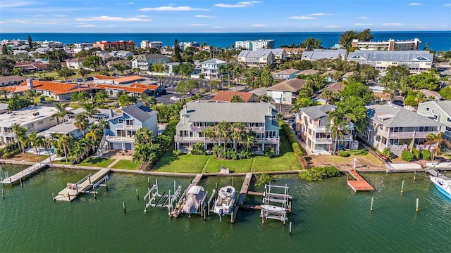 drone / aerial view with a water view