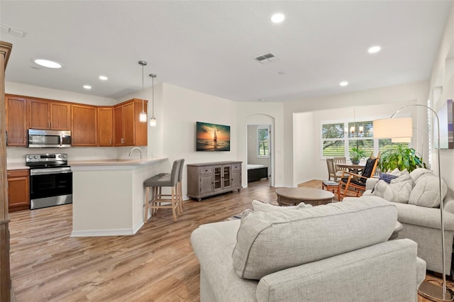 living room featuring light hardwood / wood-style flooring and sink