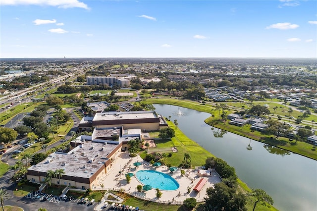 drone / aerial view with a water view