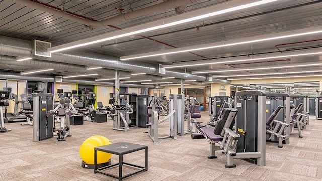 exercise room featuring light carpet