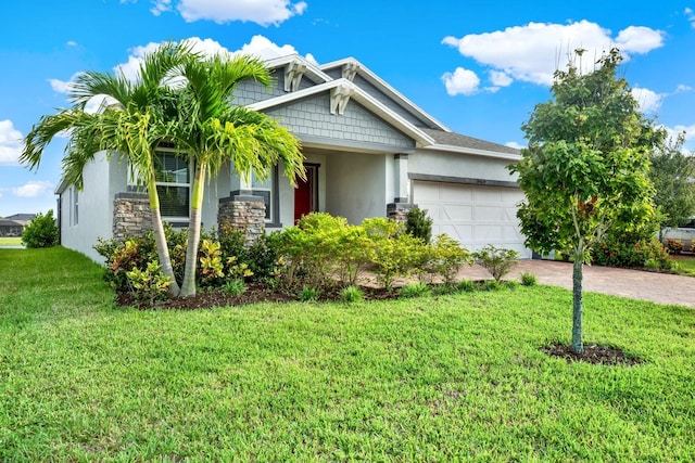 craftsman-style home featuring a front yard and a garage