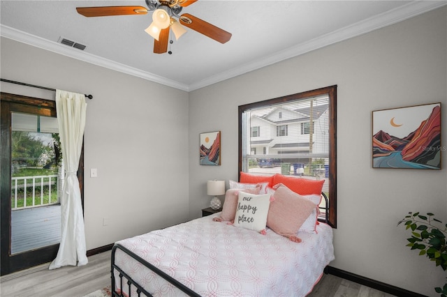 bedroom featuring access to outside, ceiling fan, crown molding, and wood-type flooring