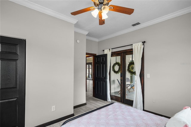 unfurnished bedroom with french doors, access to outside, ceiling fan, and crown molding