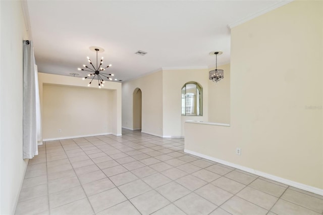 unfurnished room with light tile patterned floors, ornamental molding, and a notable chandelier