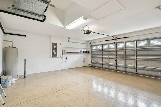 garage with a garage door opener, electric water heater, and electric panel