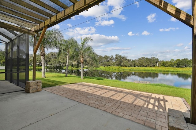 view of patio featuring a water view