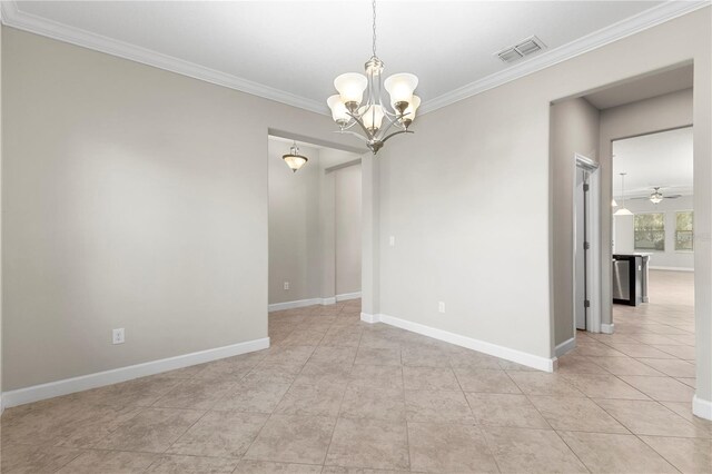 empty room featuring light tile patterned floors, crown molding, and ceiling fan with notable chandelier