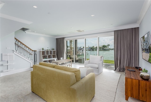 living room with crown molding